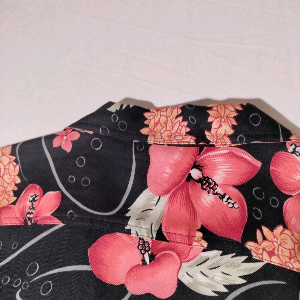 Tommy Bahama Womens Shirt Top Size Small Black Orange Hawaiian Floral 100% Silk - Picture 13 of 16